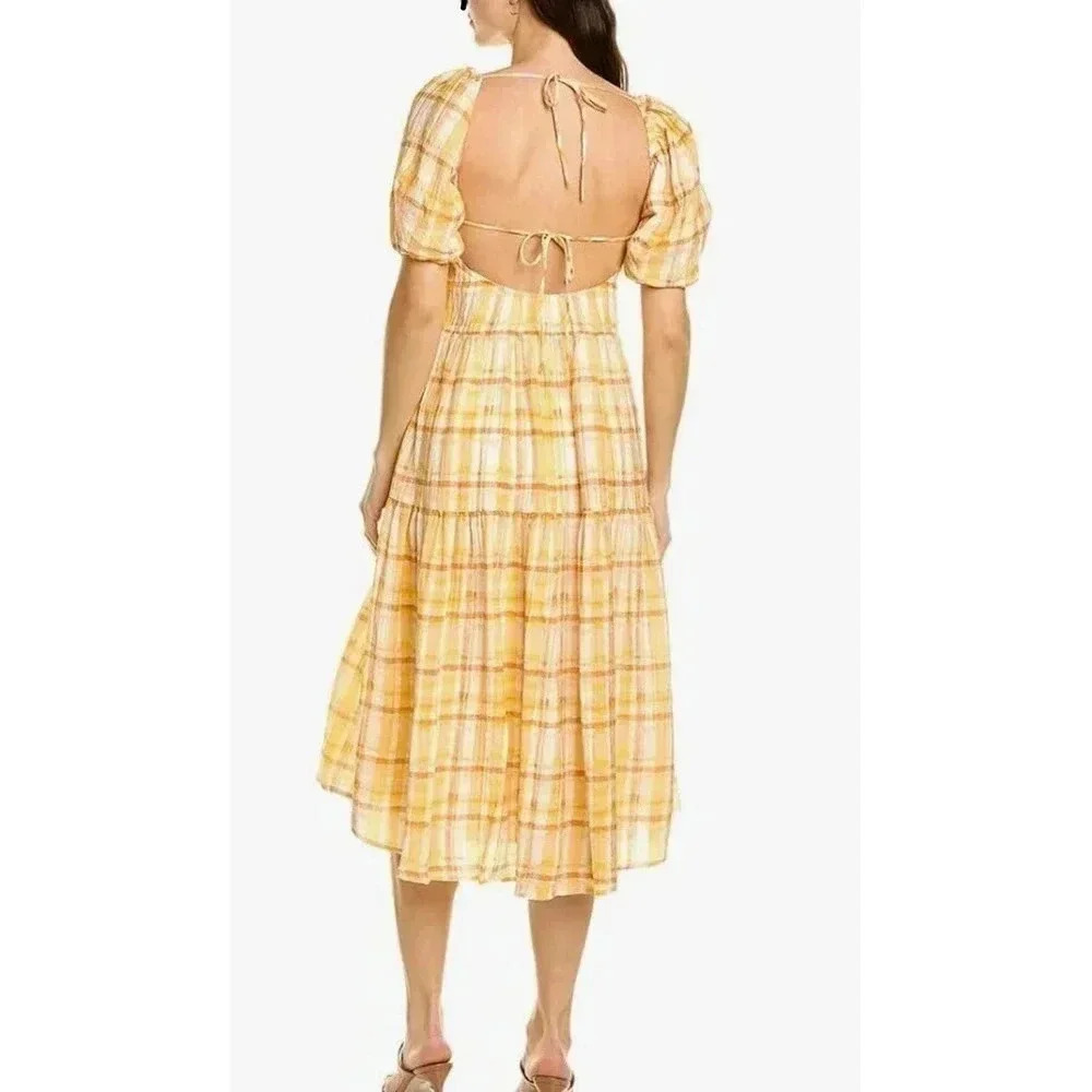 NEW- NWOT ASTR The Label Ilana Yellow Plaid Puff Sleeve Midi Dress XS XS - Picture 2 of 5